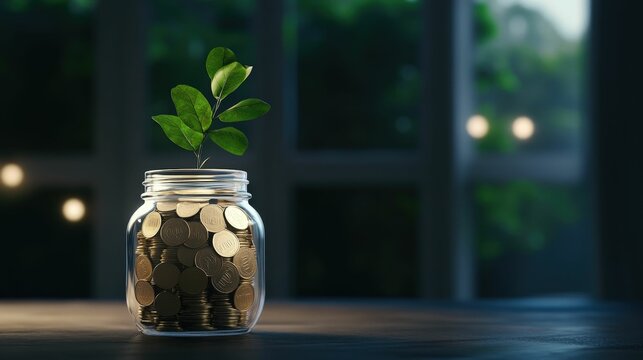 A jar filled with coins and a small green plant growing, symbolizing growth, investment, and the potential for prosperity.