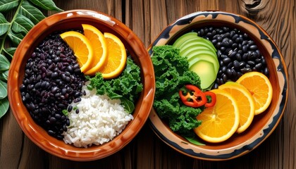 Colorful Brazilian Feijoada Ingredients with Fresh Vegetables and Citrus on Wooden Table