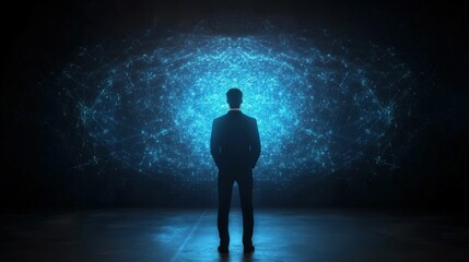 Fototapeta premium A silhouette stands before a glowing blue digital display, symbolizing exploration and innovation in technology and data.