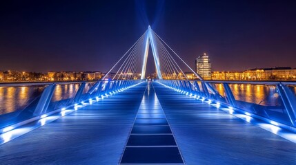 Illuminated Bridge at Night Showcasing Modern Architecture and Vibrant Reflections on Water with a Cityscape in the Background