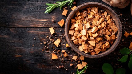 Fototapeta premium Dried pumpkin pieces in a wooden bowl with spices. Perfect for autumn recipes, cooking blogs, or food packaging.