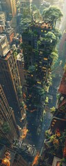 Fototapeta premium Elevate classic fairy tales with a high-angle view reimagining in the bustling streets of a modern city Picture Jack and the Beanstalk climbing a skyscraper or Rapunzel managing 