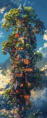 Fototapeta premium Elevate classic fairy tales with a high-angle view reimagining in the bustling streets of a modern city Picture Jack and the Beanstalk climbing a skyscraper or Rapunzel managing 