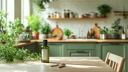 Serene Kitchen with Green Ambiance and Essential Oil Bottle