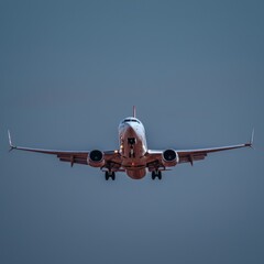 Naklejka premium Airplane Landing Front View Clear Sky Commercial Jet Travel Aviation