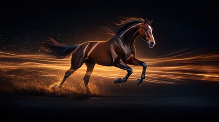 Majestic horse galloping with dynamic light trails