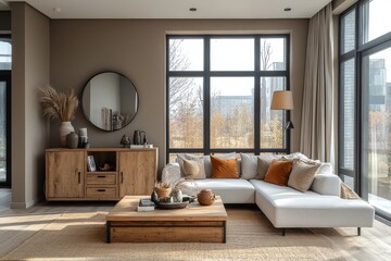 Fototapeta premium Scandinavian style living room with oak sideboard, white sofa, coffee table, black metal accents, mirror, and natural light creating soft shadows.