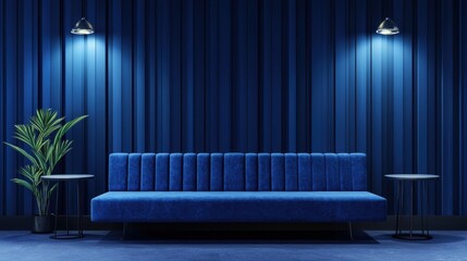 Modern blue lounge with stylish seating and ambient lighting