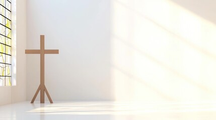 Naklejka premium A serene interior featuring a wooden cross and stained glass window.