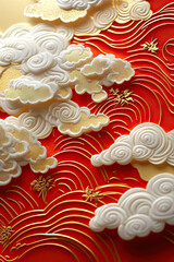 artistic and elegant red relief, auspicious clouds and waves relief, red background, hard light and shadow, using close up shots, rich details, 8k hd, real like a photo