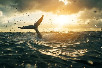 Fototapeta premium Whale's Tail at Golden Hour: A Majestic Ocean Sunset