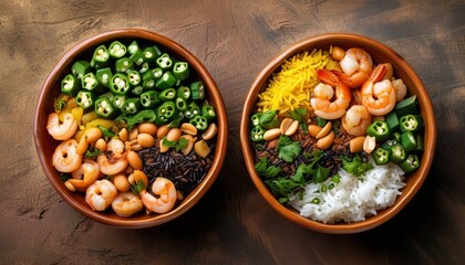 Colorful Brazilian Caruru Dish with Shrimp, Okra, and Various Fresh Toppings in Bowls