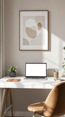 Minimalist home office with abstract art and neutral decor