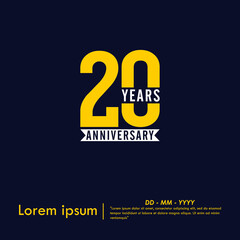 20th years anniversary celebration emblem. anniversary logo isolated with white ribbon on dark blue background. vector illustration template design for web, flyers, poster, greeting card and invitati
