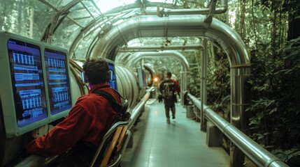 Futuristic Sci Fi Corridor  Digital Panels  Metal Pipes  Technology