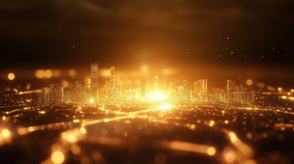 A glowing cityscape illuminated with golden light, creating a vibrant and futuristic atmosphere, set against a dark background.