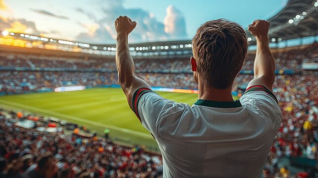 Man cheering with raised arms at a stadium during a match with crowds.