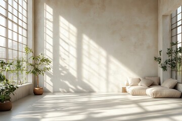 Sunlit Minimalist Living Room with Large Windows and Indoor Plants Creating a Serene and Modern Atmosphere