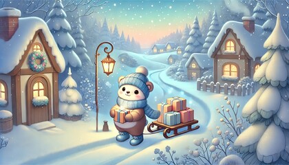 Naklejka premium A Cozy Winter Village with a Whimsical Bear Mailman Delivering Magical Parcels Under Falling Snow