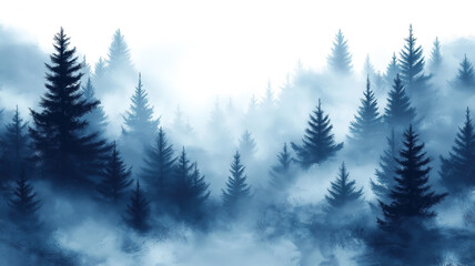 Obraz premium Dramatic fir-tree forest wall against a gray foggy sky perfect for a creative atmospheric background