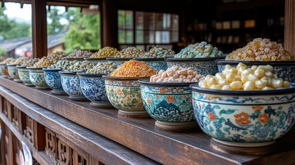 Fototapeta premium Many bowls with colorful food on display at a market stall. Food photography.