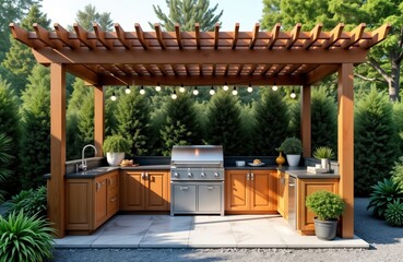 Stylish modern outdoor kitchen under wooden pergola. Stainless steel grill. Wooden cabinets. Patio with landscaping. Relaxing backyard setting. Ideal for cooking, entertaining outdoors. Family