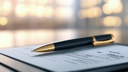 Fototapeta premium A close-up of a sleek pen resting on a white document, suggesting a professional setting and the act of signing or completing paperwork.