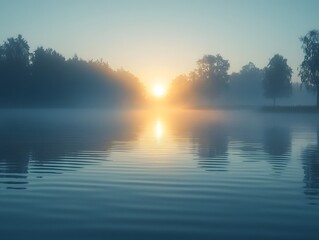Serene Misty Lake Sunrise Reflecting Soft Sunlight in Gentle Ripples