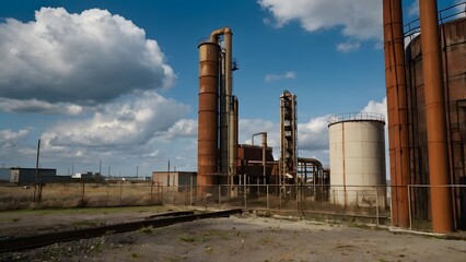 Obraz premium Rusty Storage Tanks Highlighting Industrial Decay and Transformation in a Scenic Blue-Sky Environment