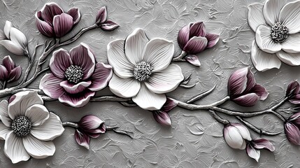 Intricate Floral Relief Artwork with White and Purple Blossoms