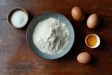A creative flat lay of baking ingredients, including flour, sugar, and eggs on a rustic table