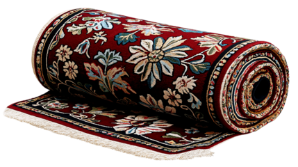 a rolled-up decorative carpet with a floral pattern, isolated on a white background. the intricate design and rich colors suggest traditional craftsmanship, home decor, and cultural heritage.