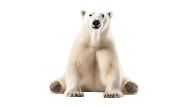 a polar bear sitting upright, isolated on a white background. the animal’s posture and expression highlight arctic wildlife, nature, and conservation themes.