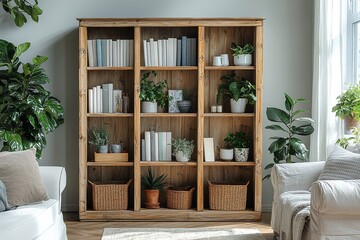 Tall wooden bookcase with shelves holding books, vases, plants, and decor, positioned in open living room next to white sofa with decorative baskets.