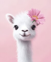 Fototapeta premium A whimsical llama adorned with a vibrant flower in its hair, embodying the spirit of love and joy on this enchanting Valentine's Day.