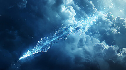 An arrow made of flowing water, moving through an ethereal, cloud-filled sky, representing flexibility and the power of subtlety. 