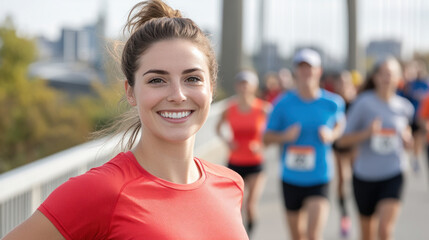 French runner woman in red Athleisure, joins in marathon event at Canada