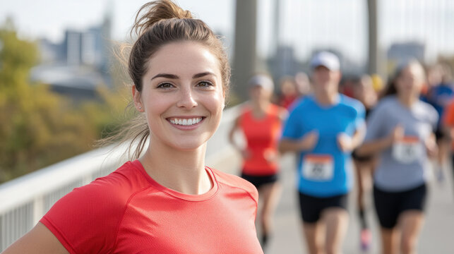 French runner woman in red Athleisure, joins in marathon event at Canada