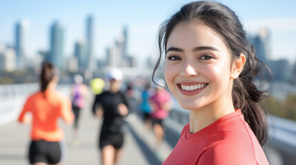 Malay runner woman in red Athleisure, joins in marathon event at Canada