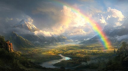 Rainbow over the meadow in mountains. Colorful summer landscape.