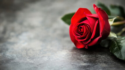 single red rose on textured surface, symbolizing love and beauty, perfect for romantic occasions or floral arrangements