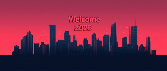 Fototapeta premium A silhouetted city skyline against a vibrant sunset, with the text 