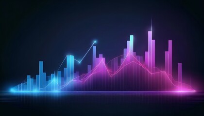 A vibrant, abstract graph with blue and pink bars, depicting data trends and financial analytics on a dark background.