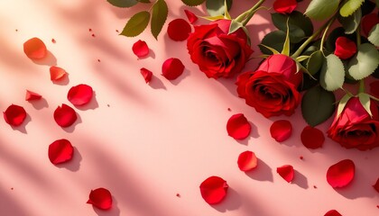 Romantic Red Roses and Petals on Pink Background - Valentine's Day, Love, Flowers