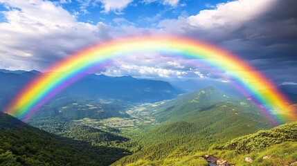 Rainbow over the meadow in mountains. Colorful summer landscape.