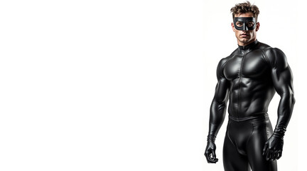 Fototapeta premium attractive young muscular man with athletic build in black latex cloth at plain white background with empty space for text or design