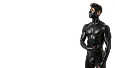 attractive young muscular man with athletic build in black latex cloth at plain white background with empty space for text or design