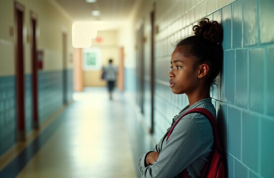 Sad teenage African American girl sits alone in high school hallway. Looks away. Seems lonely, worried. Backpack. Indoor day shot of troubled student. Problem at school. Potential social issue