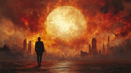 Fototapeta premium Alone figure walks through a fiery apocalyptic city landscape with a large, burning sun.