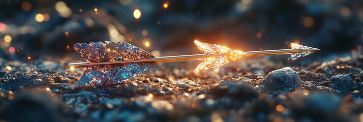 Fototapeta premium An arrow made of shimmering gemstones, embedded in a rocky surface, representing value and the beauty of finding ones path. 